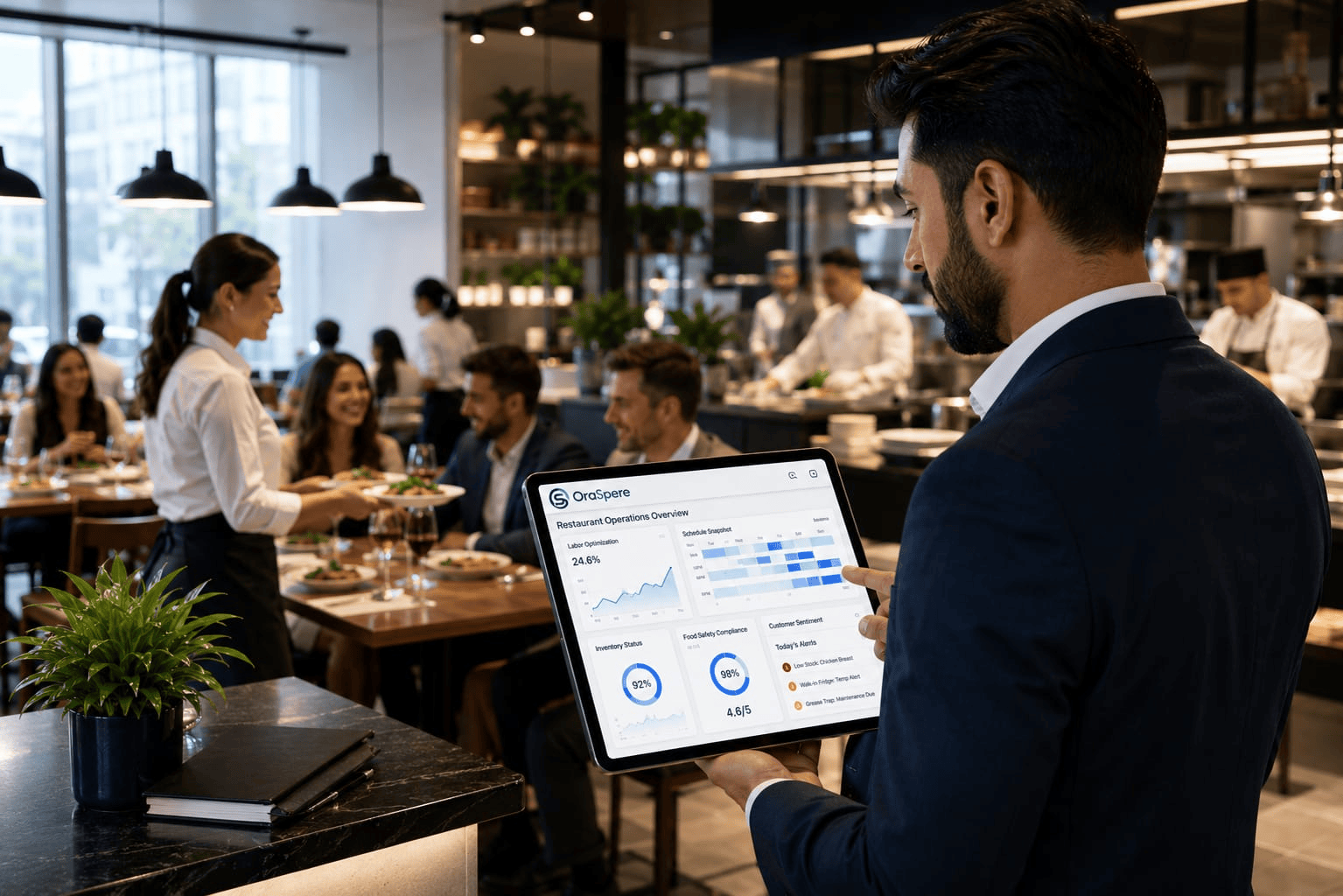 Manager reviewing OraSpere labour dashboard on tablet in a busy restaurant environment
