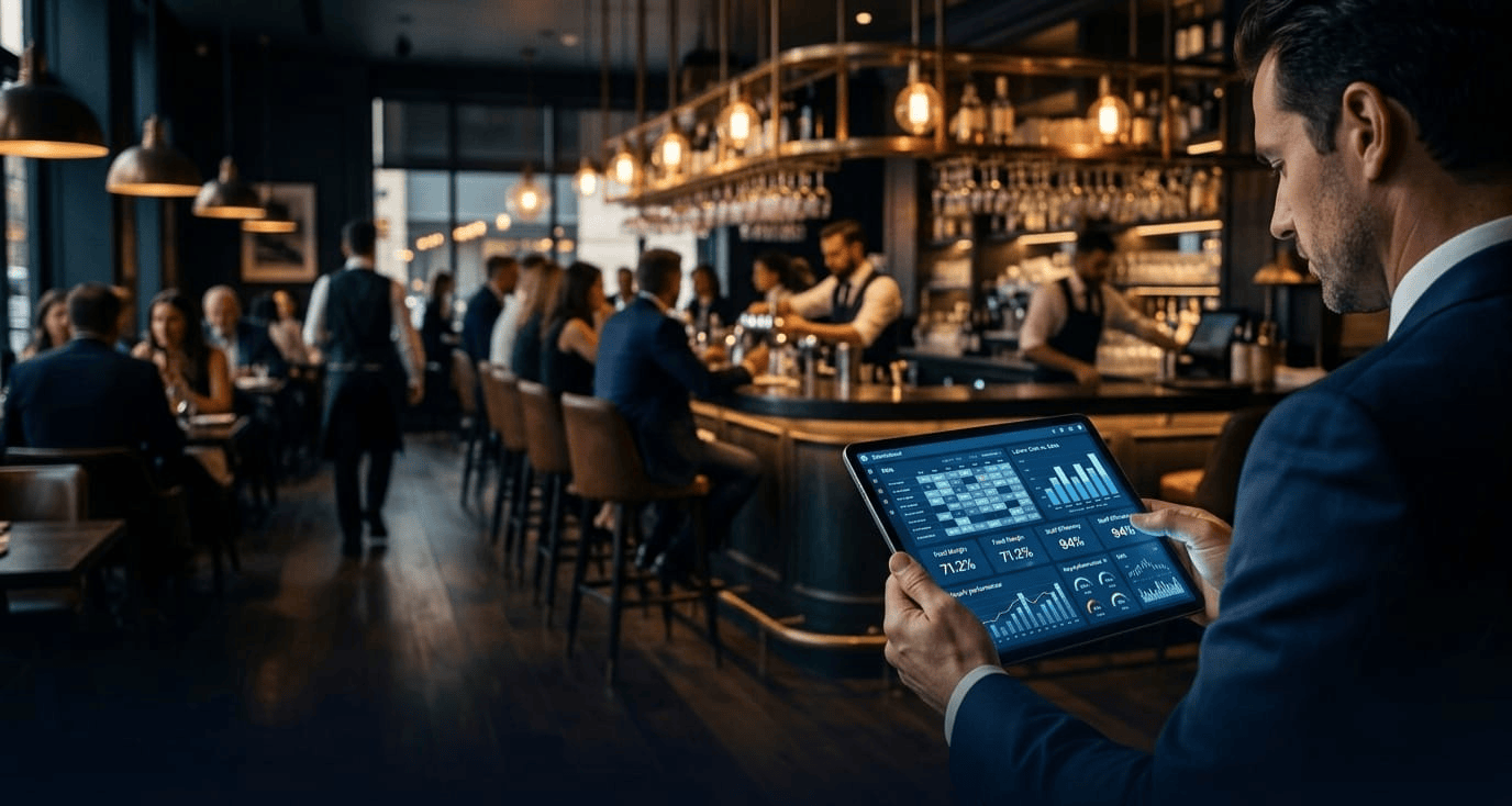 Restaurant manager reviewing OraSpere rota dashboard on tablet in a busy upscale restaurant